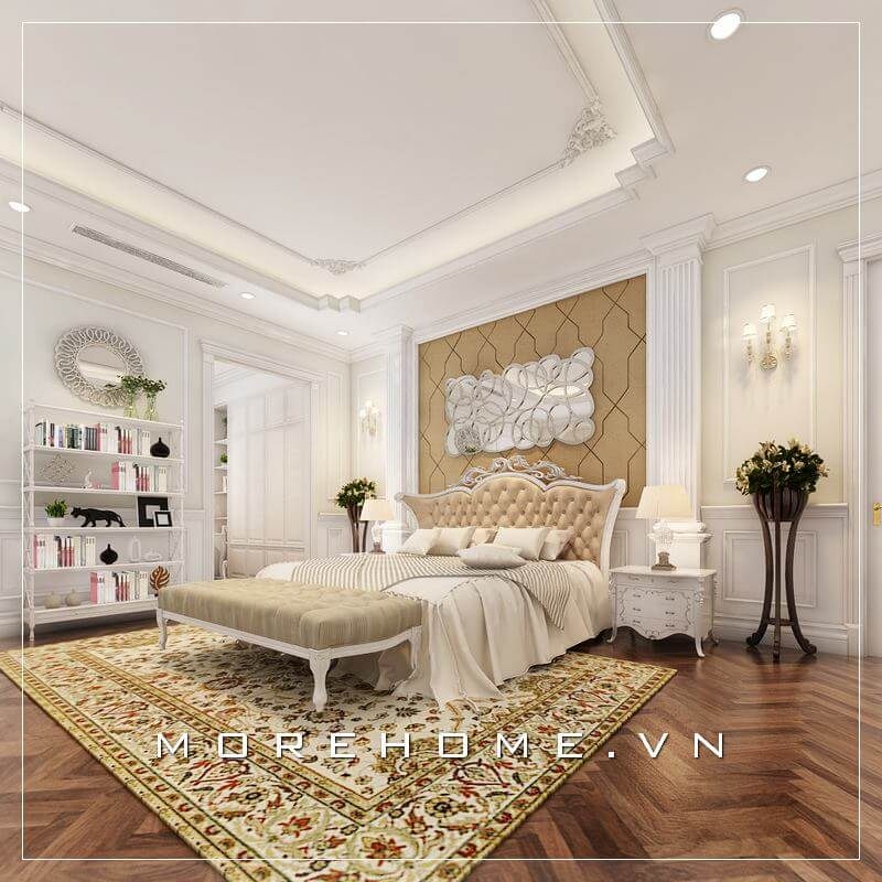 Giường ngủ chung cư với chất liệu gỗ tự nhiên nhập khẩu phun sơn trắng tinh tế, sang trọng